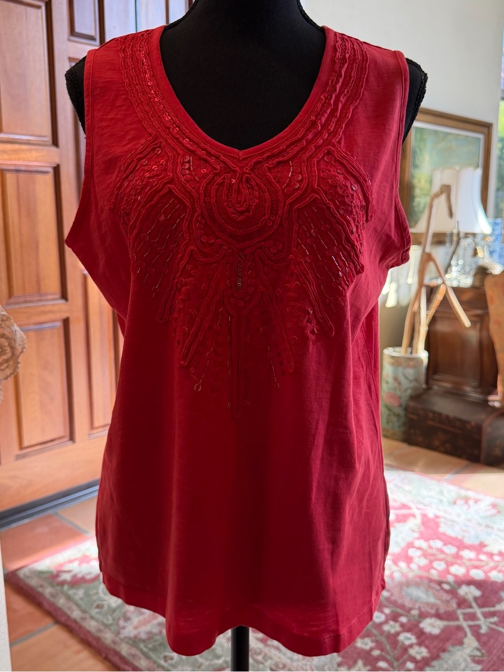 Chicos 1  Med Womens Tank Top  Red Coral Embellished Bodice Sleeveless Shirt